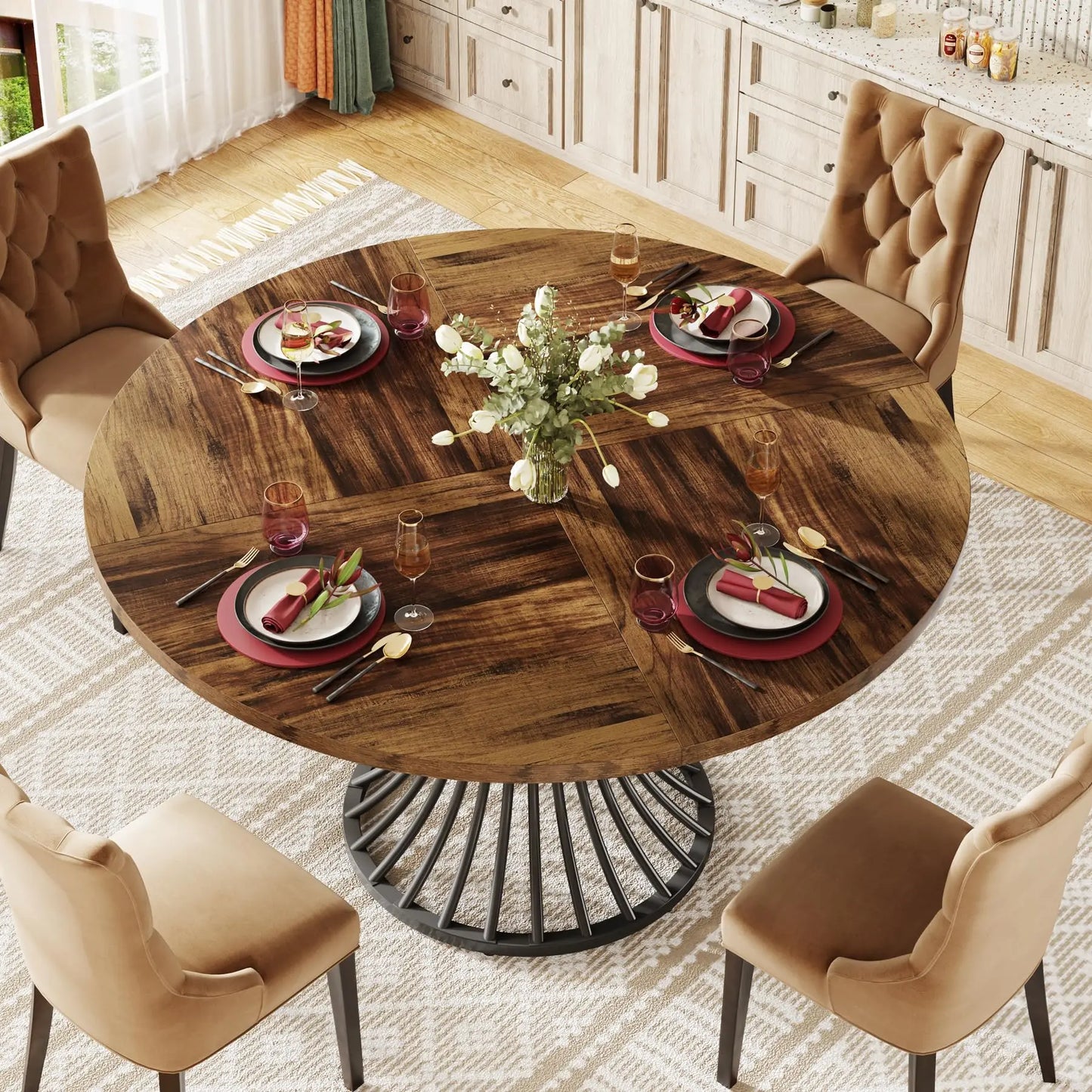 The Morsale "Preston" 47-Inch Round Dining Table set features elegant beige cushioned chairs for four. It includes plates, napkins, cutlery, glasses, and a floral centerpiece on light wood flooring with a patterned rug.