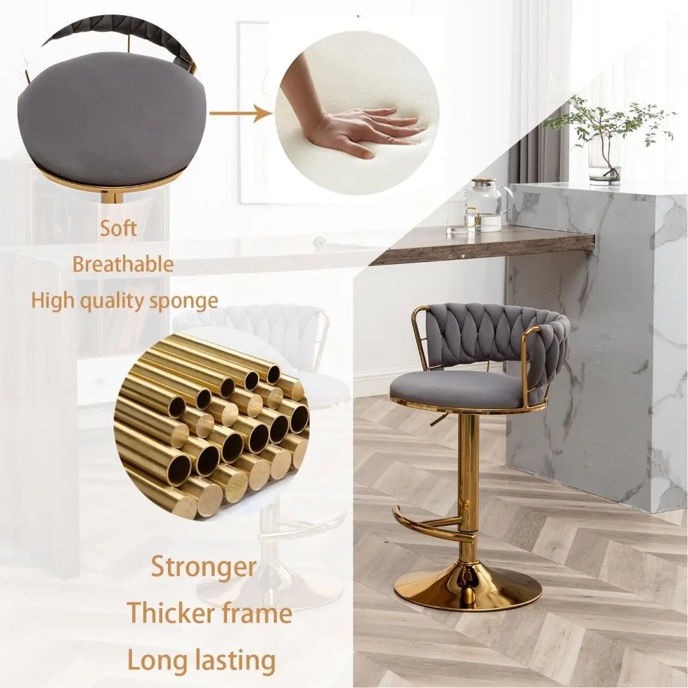 The Morsale Counter Height Velvet Bar Stools Set of 4 features a gold frame and gray cushion, shown in a minimalist kitchen. Inset images highlight the soft, breathable cushion and robust metal tubes. Text reads "Soft," "Breathable," "Stronger," "Thicker Frame." Perfect for commercial furniture use.