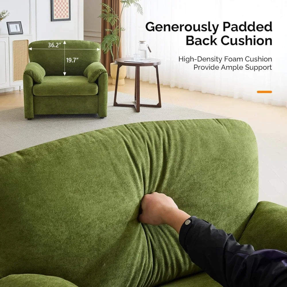In a modern living room, the Morsale Olive Green 38" Oversized Accent Chair is displayed, featuring a plush back cushion. A hand pressing into the cushion shows its softness, while text overlays highlight its dimensions and foam support features.