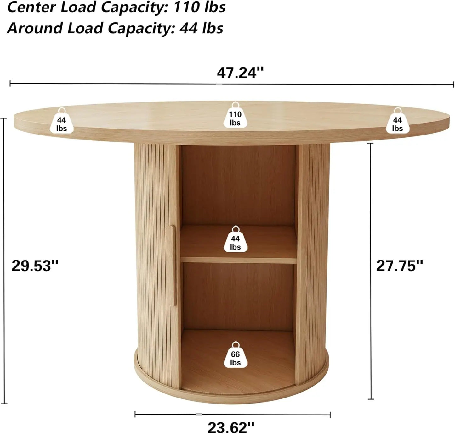 The Harrow 47" Round Dining Table With Storage by Morsale offers a modern style with a 110 lbs center load capacity and 44 lbs at the edges. Its dimensions are 47.24" diameter, 29.53" height, and a 23.62" base width, featuring easy assembly and convenient shelves for added storage.