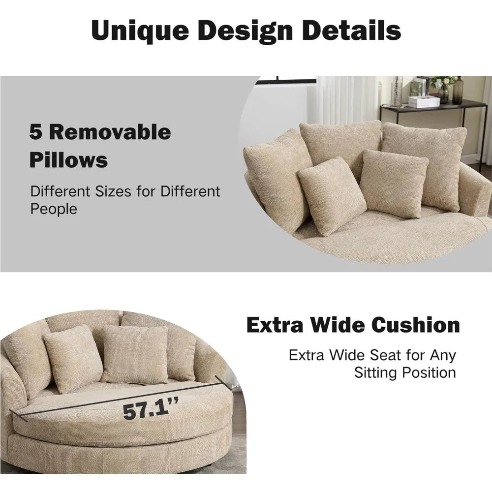 Image of Morsale's 59.8" Oversized Accent Barrel Sofa Chair in beige, featuring five removable pillows of varying sizes and an extra-wide cushion for versatile seating. The modern design is showcased with shelves adorned with decorative items in the background.