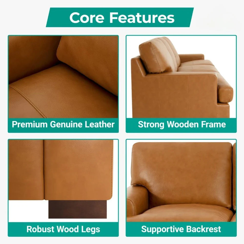 The Morsale Piazze Genuine Leather Sofa's core features are shown in a collage: top-left reveals premium genuine leather, top-right shows a sturdy wooden frame, bottom-left displays robust wood legs, and bottom-right highlights a supportive modern style backrest.