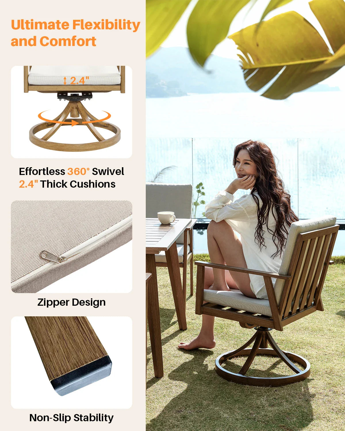 Clad in white, a woman sits on a Morsale Shefford Patio Dining Set's wooden swivel chair. Experience "Ultimate Flexibility and Comfort," "Effortless 360° Swivel," with "2.4'' Thick Cushions," plus a "Zipper Design" for easy cleaning and "Non-Slip Stability." Perfect for your garden.