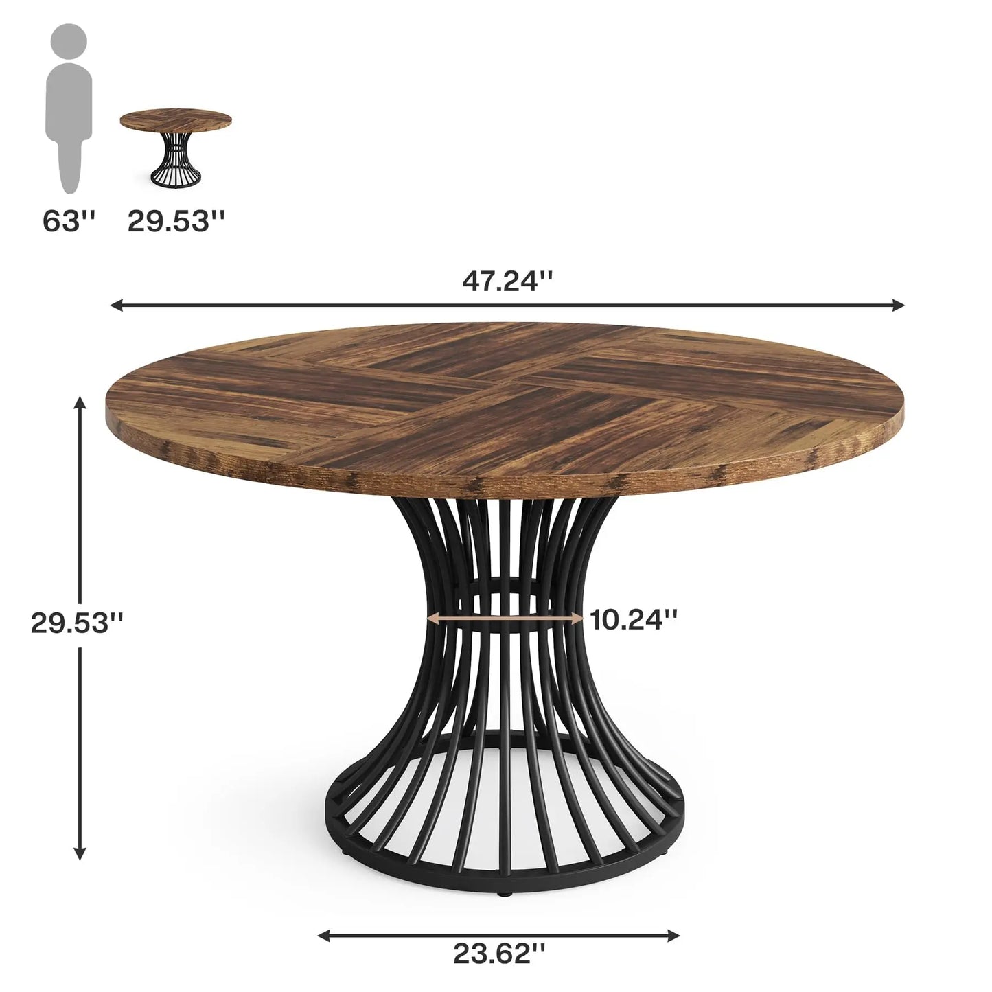 The Preston 47-Inch Round Dining Table by Morsale features a herringbone wooden top, measures 47.24 inches in diameter and 29.53 inches in height, and includes a black metal cylindrical base. Its traditional design fits seamlessly into any dining setting with a beautifully scaled silhouette.
