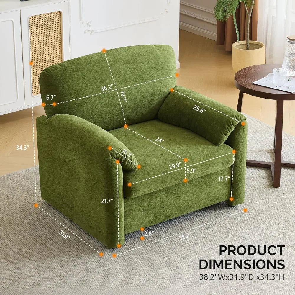 The Morsale Olive Green 38" Oversized Accent Chair, embodying modern style with dimensions of 38.2"W x 31.9"D x 34.3"H, includes a small decorative pillow. A wooden side table nearby hosts a plant and décor item, enhancing the sophisticated setting.
