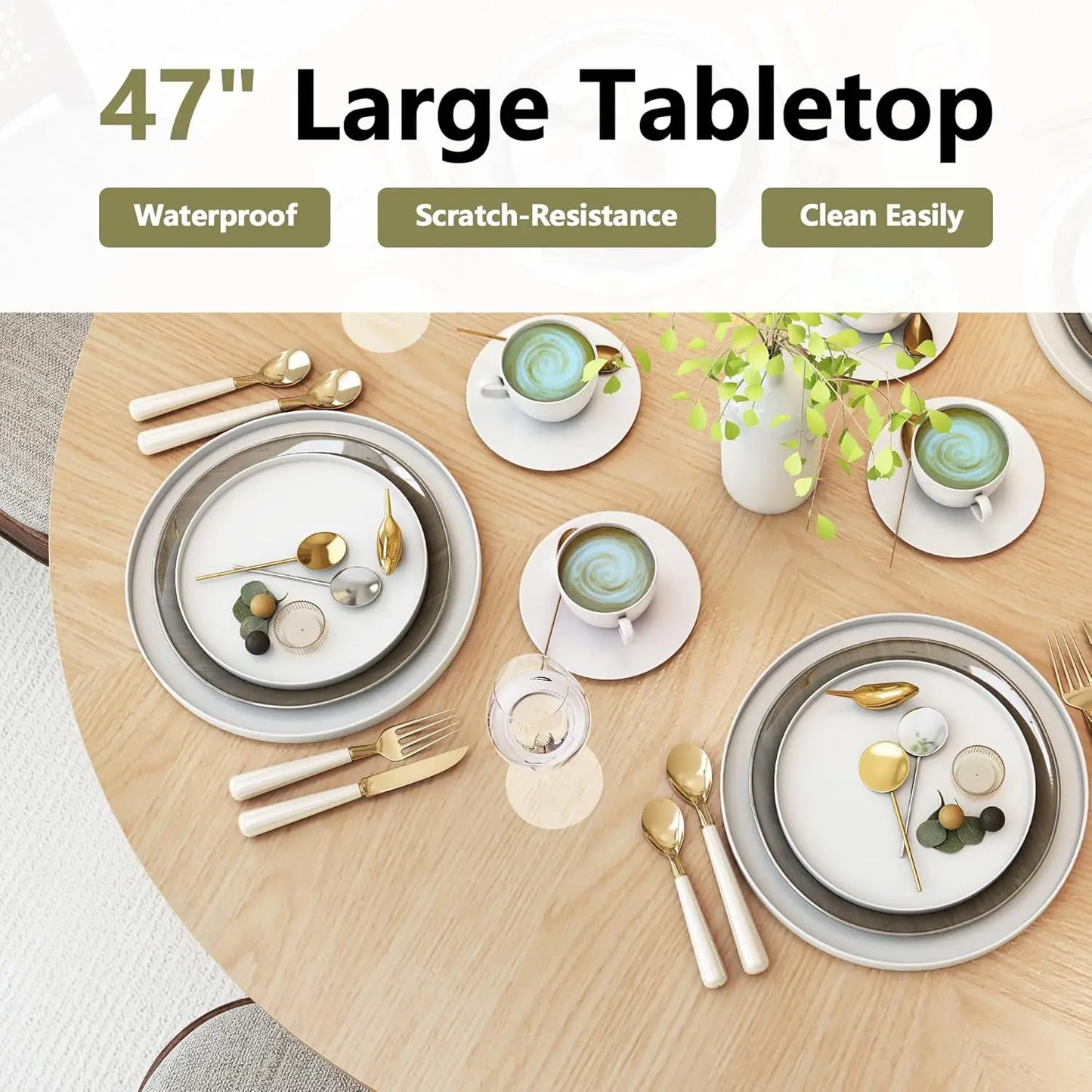 A modern round wooden dining setup with three place settings displays plates, bowls, cutlery, and cups featuring swirling patterns. A white vase with flowers is centered. Text reads: "Harrow 47" Round Dining Table With Storage by Morsale" with features highlighted.