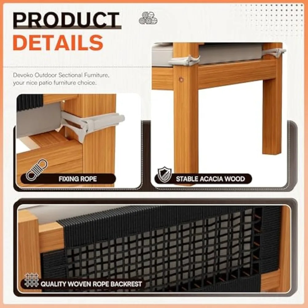 Discover the craftsmanship of Morsale's Ryde Patio Sectional Sofa. Featuring stable acacia wood and a woven rope backrest, it offers easy installation with secure fixing rope. Detailed images showcase the materials and construction, illustrating the brand's dedication to quality.