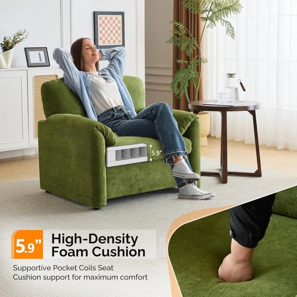 A person relaxes in the Morsale Olive Green 38" Oversized Accent Chair, eyes closed, arms resting on the chair with its 5.9" high-density foam cushion and adjustable backrest. A nearby side table holds a plant, as light filters through sheer curtains in this modern living room.