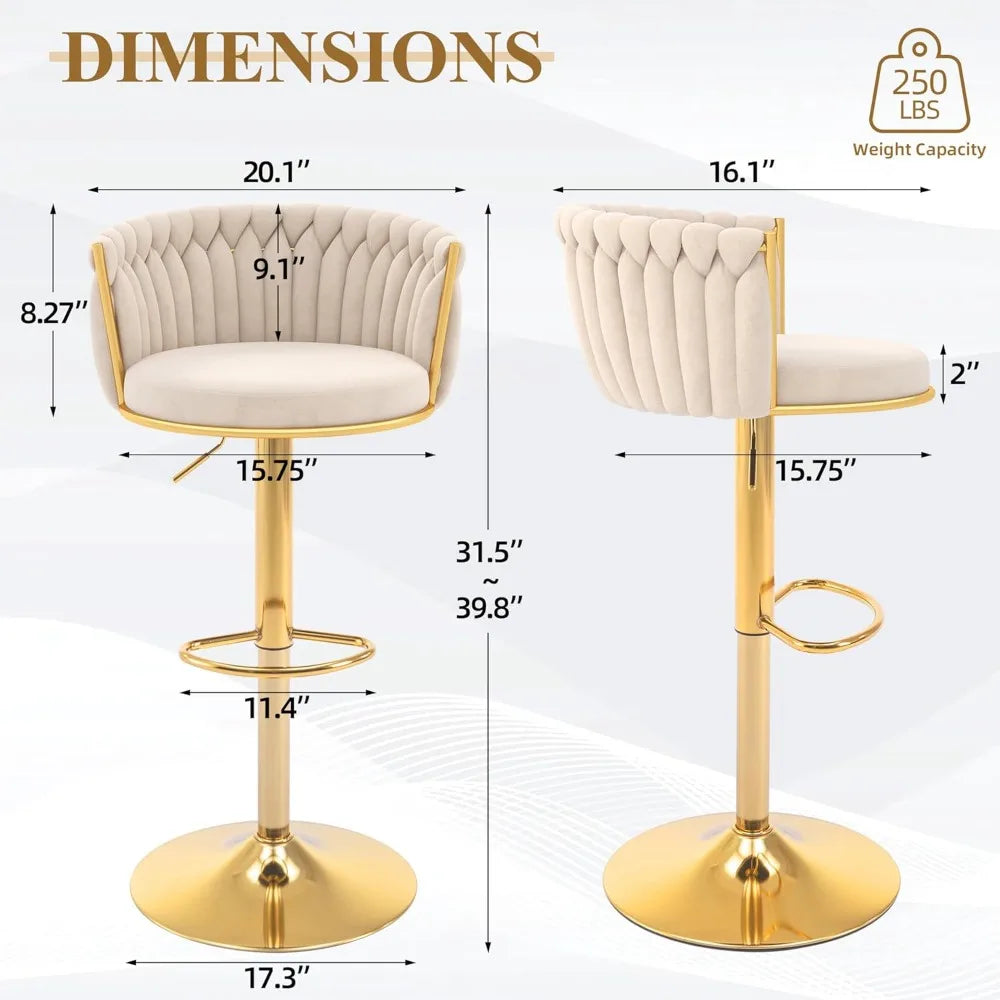 Transform your space with Morsale's Height Adjustable Counter Stools Set of 4. These gold bar stools offer minimalist elegance, ideal for commercial settings. Featuring cushioned, tufted back and seat, they adjust from 24" to 32" in height and support up to 250 lbs, enhancing chic spaces with sophistication.