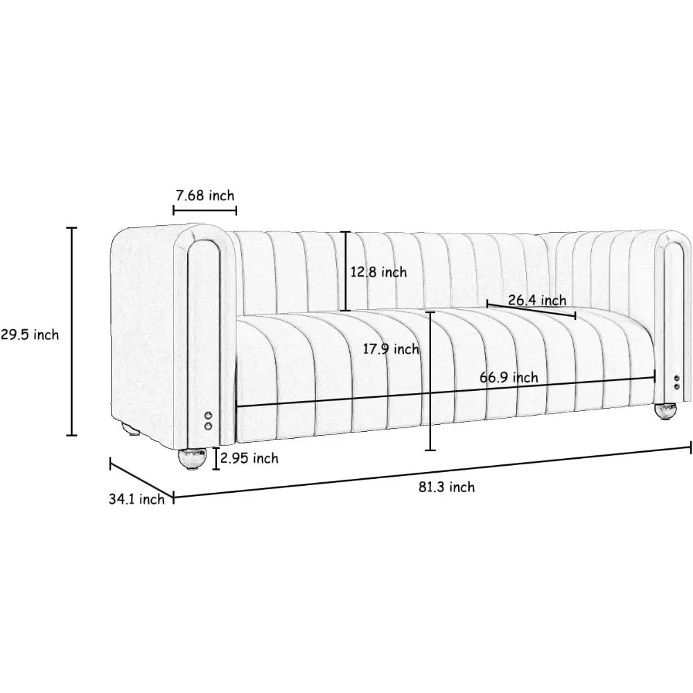 Here is a dimensioned sketch of the 80" Morsale Velvet Living Room Sofa: 81.3" wide, 34.1" deep, 29.5" high; seat depth at 26.4", backrest height of 12.8", armrests at 17.9" with a thickness of 7.68". Perfect for adding classic elegance to your space!.