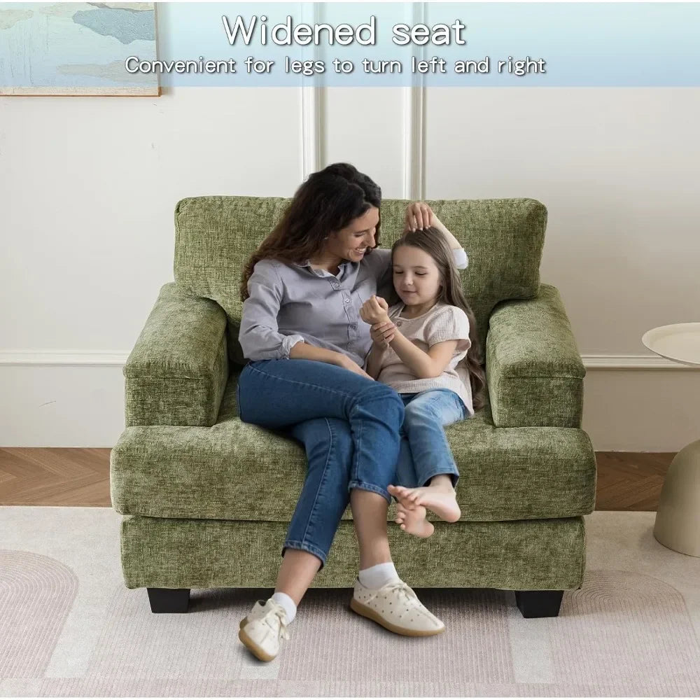 A woman and child sit comfortably on a wide Oxford Lounge Chair by Morsale, embodying modern style. Smiling as the child leans against her, the text reads, "Widened seat: Convenient for legs to turn left and right," blending comfort with elegance.