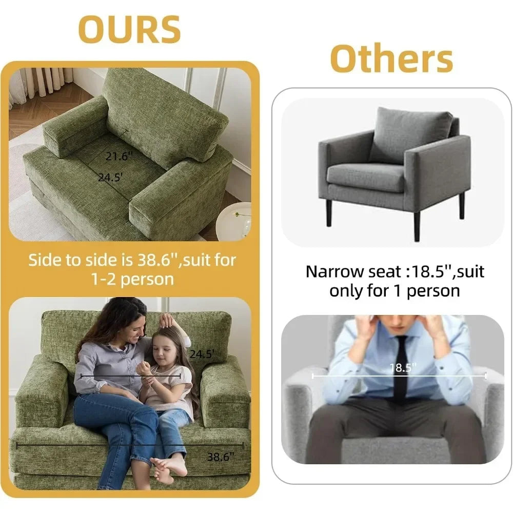 Comparison image featuring Morsale's Oxford Lounge Chair With Armrests in modern green, labeled "OURS," is 38.6 inches wide and seats 1-2 comfortably, ideal for any living room. In contrast, the "Others" grey chair has an 18.5-inch seat for one person. The "OURS" easily accommodates a woman and child.