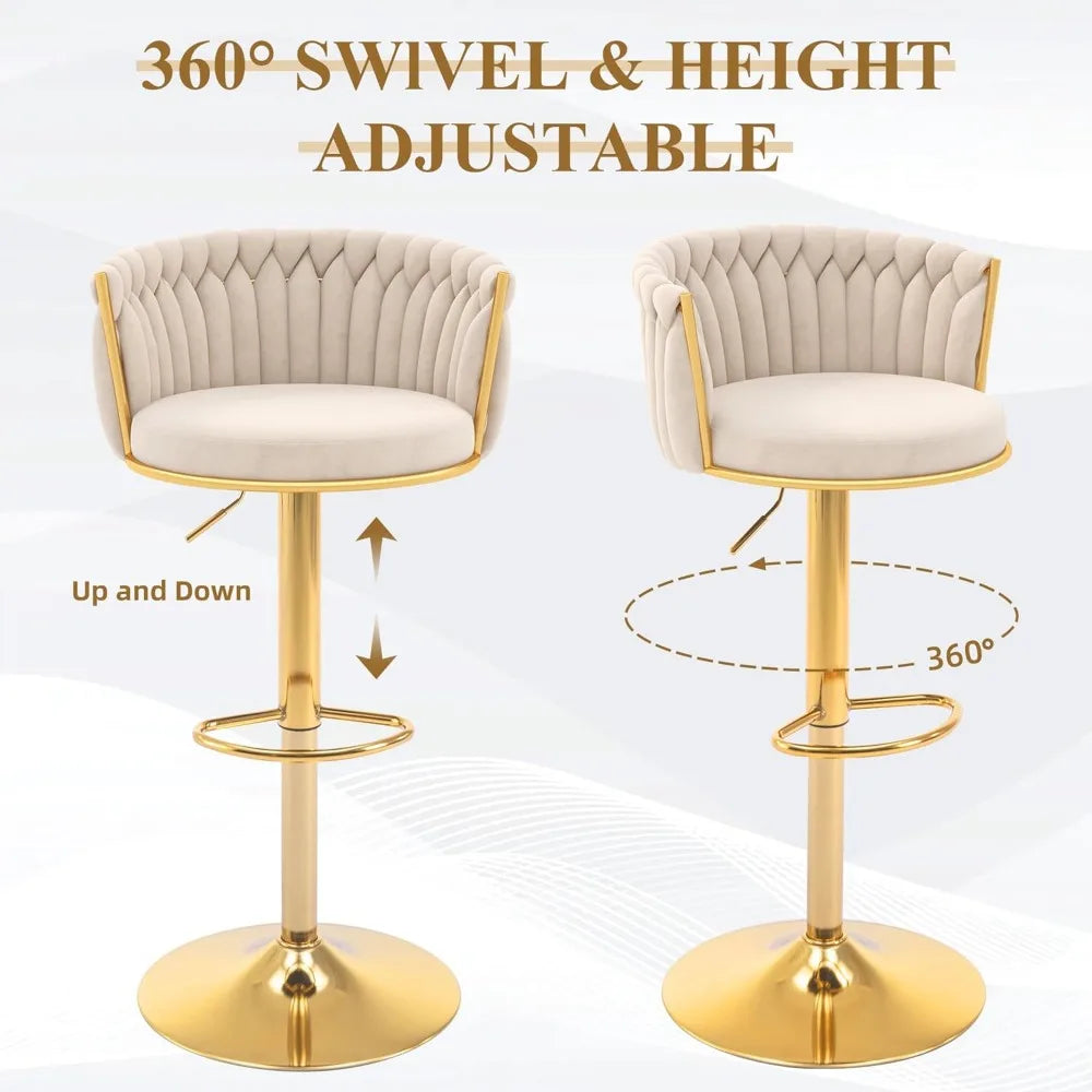 A set of four minimalist modern counter stools by Morsale, featuring beige cushioned backrests, seats, and gold bases with footrests. These height-adjustable stools offer a 360-degree swivel and are ideal for commercial settings.