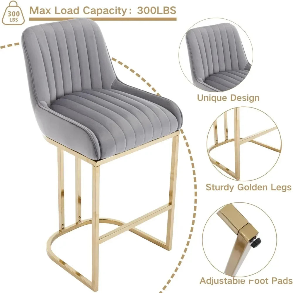 The Morsale Modern Counter Height Bar Stools Set of 2 features a grey upholstered seat with vertical stitching, gold metal legs, and adjustable foot pads. It supports up to 300 lbs, offers easy installation, is US-made, and includes inset images showcasing its unique design and sturdy build.