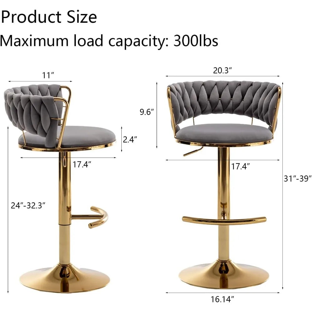 Diagram showing dimensions of the Morsale Counter Height Velvet Bar Stools. With a quilted grey backrest, round seat, gold accents, and an adjustable height base (31-39 inches) with footrest, it supports up to 300 lbs, perfect for commercial settings.