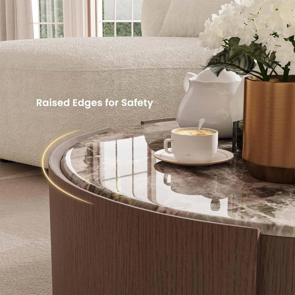 The Morsale 35" Modern Coffee Table features a sleek marble surface with a white coffee cup, white vase, and golden pot of flowers, set against a minimalist white couch. Text reads "Raised Edges for Safety.