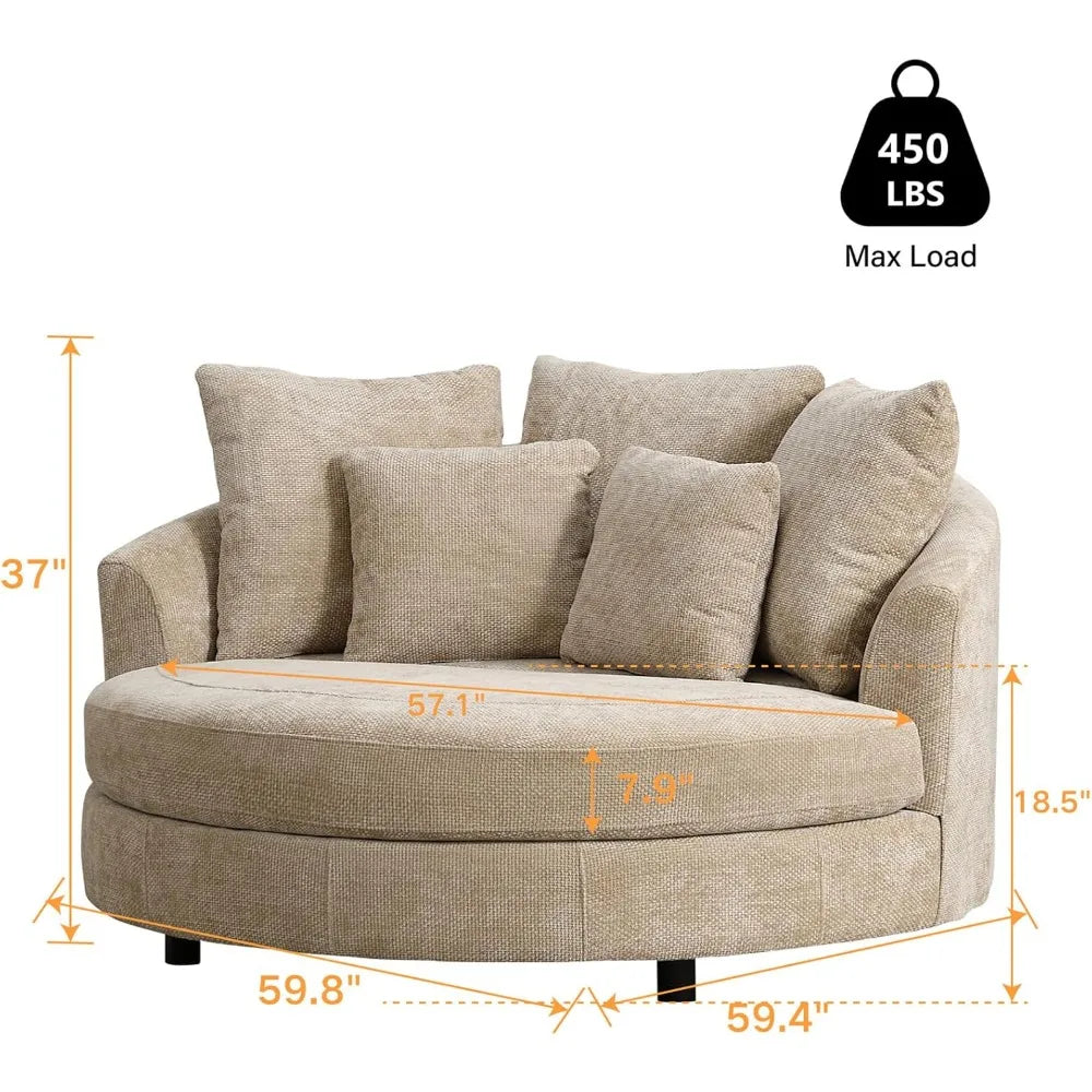 The Morsale 59.8" Oversized Accent Barrel Sofa Chair features a beige design with cushions, ideal for modern homes. It supports up to 450 lbs and has dimensions of W57.1", L59.8", D59.4", H37", with a seat height of 18.5" and depth of 7.9" for a cozy living room arrangement.