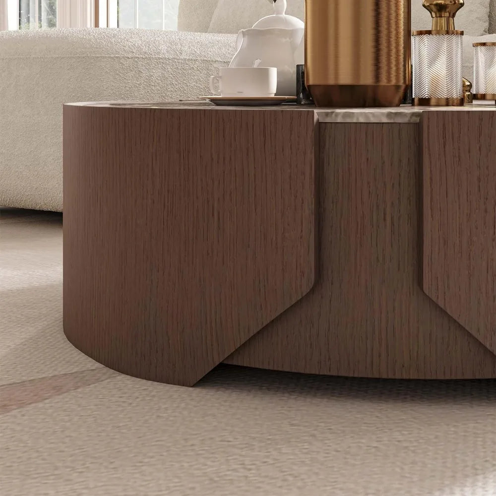 In a contemporary living room, the Morsale 35" Modern Coffee Table displays a white teapot, matching cup and saucer, and a golden metallic container, beautifully complementing the light-colored sofa in the background.