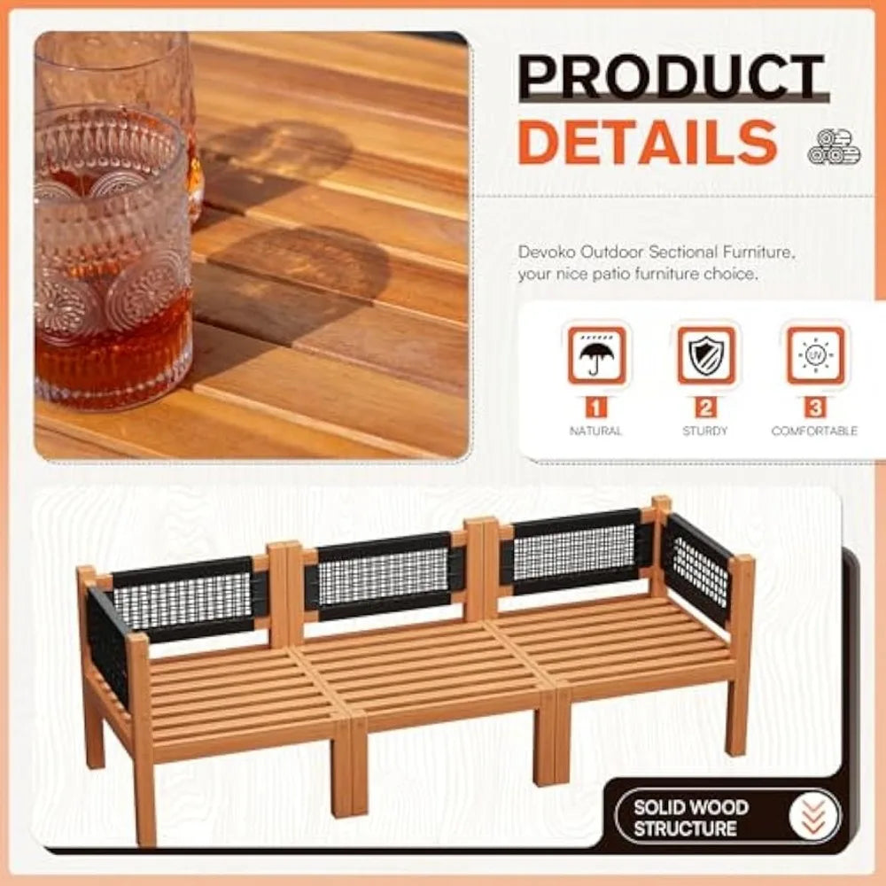 A Morsale Ryde Patio Sectional Sofa, made with solid wood and mesh-backed seats, is displayed under an Acacia Wood Table. The upper left corner shows three textured glass cups on the table. Text emphasizes its natural, sturdy comfort and easy assembly.