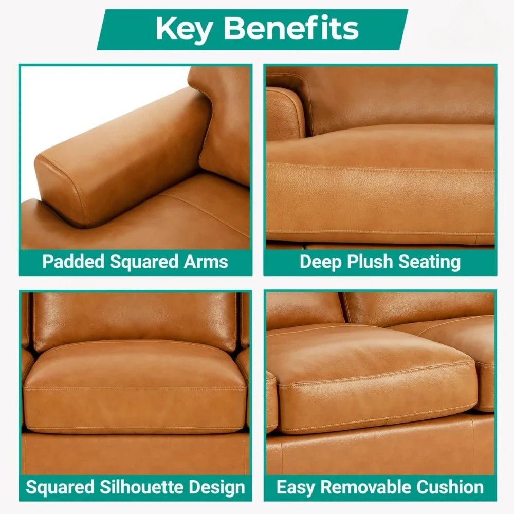 A collage features the Morsale Piazze Genuine Leather Sofa in brown, displaying four images: padded squared arms, deep plush seating, squared silhouette design, and easy removable cushion. "Key Benefits" is highlighted above, accentuating each feature of this modern living room sofa.