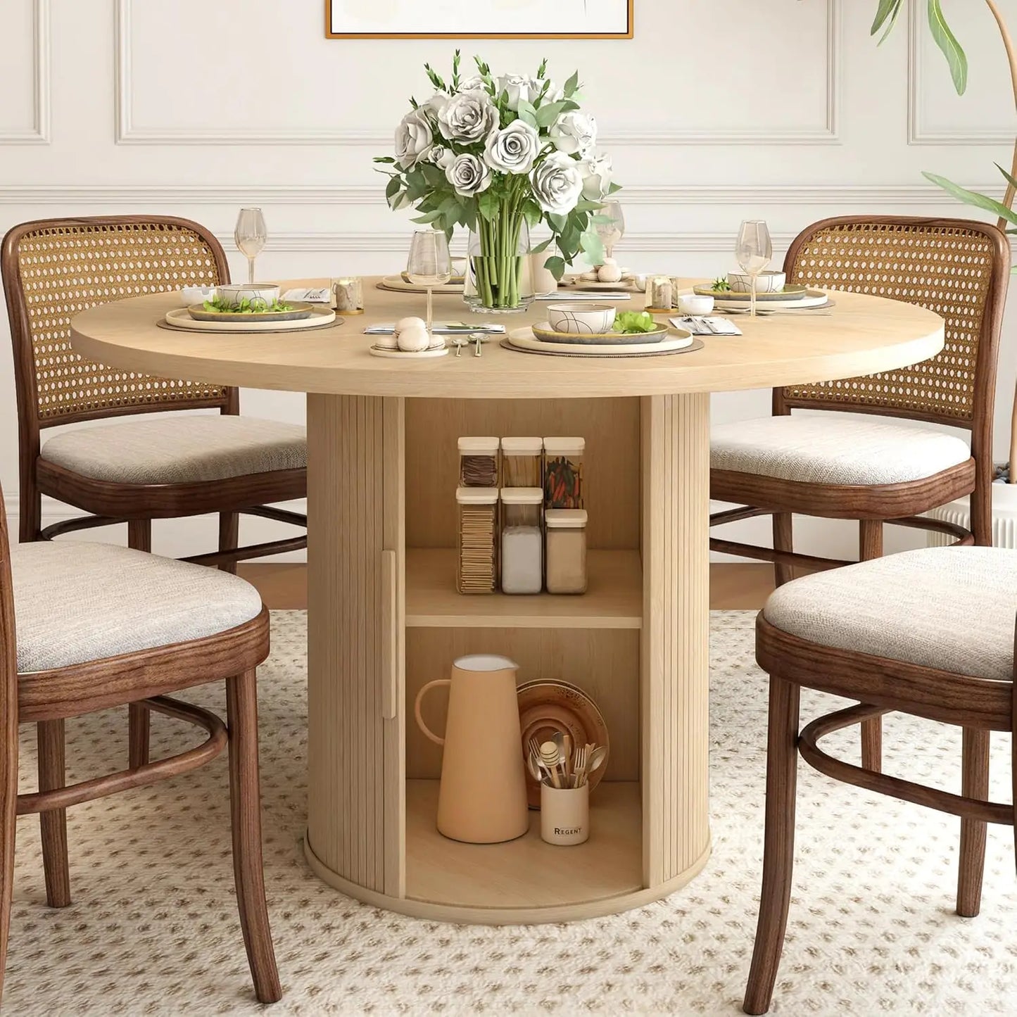 The Morsale Harrow 47" Round Dining Table with Storage showcases light gray plates, wine glasses, and gray napkins, complemented by four wicker chairs. A vase of white roses centers the table, while the base provides shelving for organizing a jug and dishes.