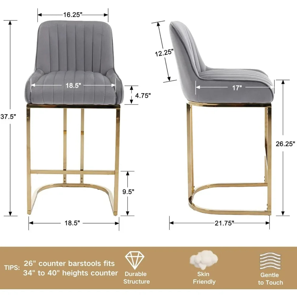 Discover two images of the Morsale Modern Counter Height Bar Stools Set of 2, featuring a gray cushioned seat and gold metal legs. Complete with dimensions, design tips, and highlights such as its durable structure and skin-friendly materials. Ideal for US counters between 34" to 40".