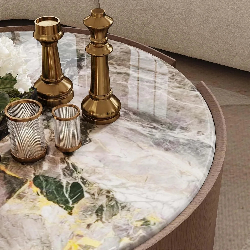 The 35" Modern Coffee Table by Morsale, featuring a glossy marble surface and wooden edge, is adorned with gold candle holders and delicate white flowers. It complements muted fabric settings while reflecting light gently, adding a touch of modern style.
