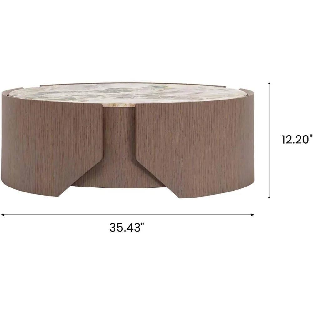 The 35" Modern Coffee Table by Morsale features a sleek marble top and brown wood base. At 12.20 inches tall with a 35.43-inch diameter, it's the perfect blend of contemporary design and classic elegance for your living space.