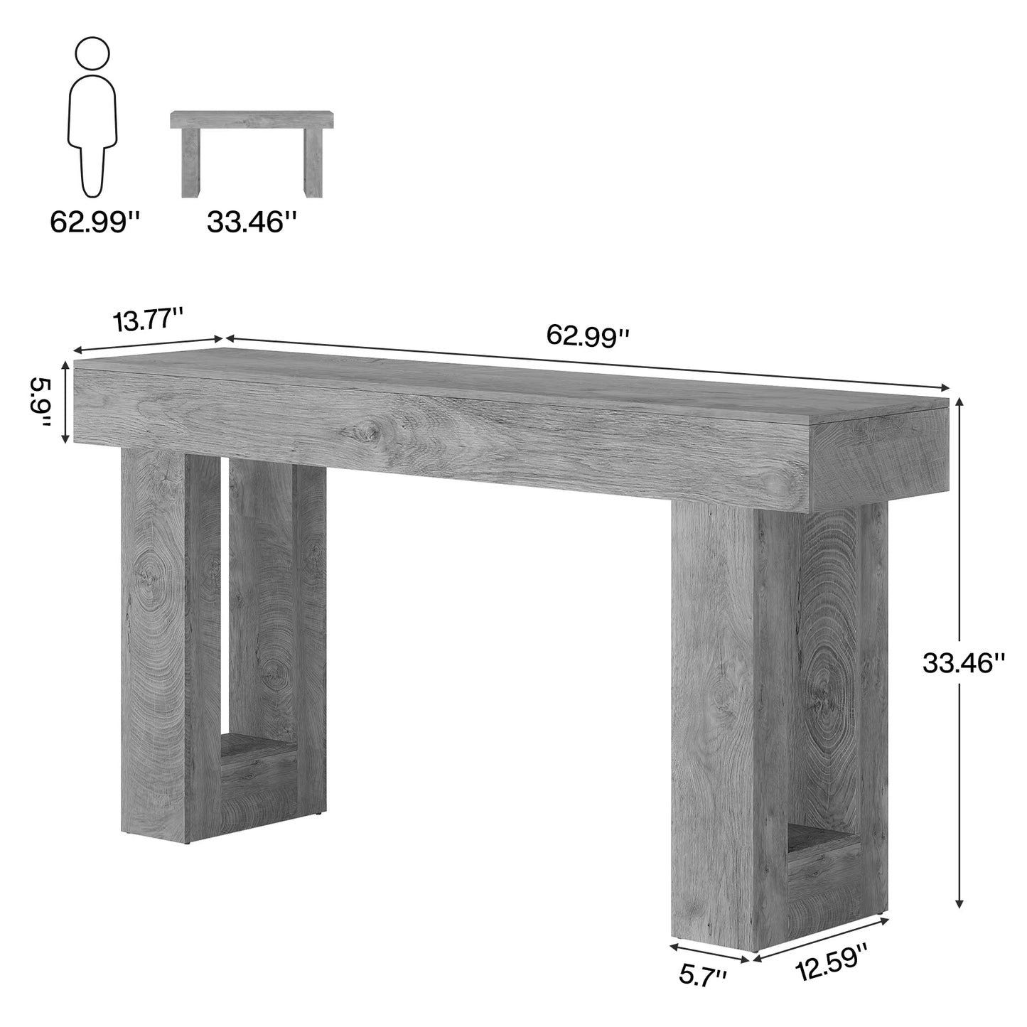 A diagram of the Morsale Farmhouse 63-Inch Entryway Console Table showcases its rustic finish and dimensions: 62.99"L x 13.77"D x 33.46"H, with 5.7" wide legs, compared in height to a figure—ideal for entryways.