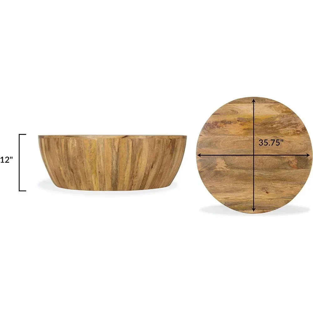 The Morsale Mango Wood Goa Coffee Table features a light brown grain finish, measuring 12 inches in height and 35.75 inches in diameter, showcasing a modern style with both side and top views of this elegant wood furniture piece.