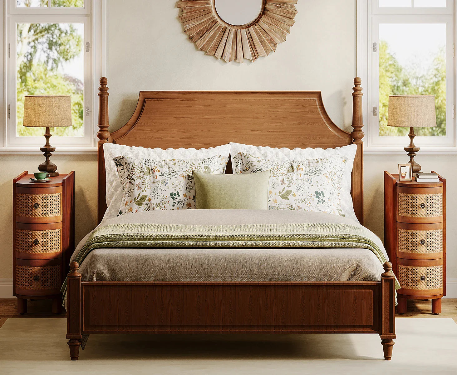 A cozy bedroom showcases a wooden bed frame and floral-patterned pillows. On each side of the bed are Morsale's Irvine Solid Wood Side Tables with sliding drawers and lamps, set under a vintage finish round mirror. Large windows fill the space with natural light, enhancing its warm and inviting ambiance.