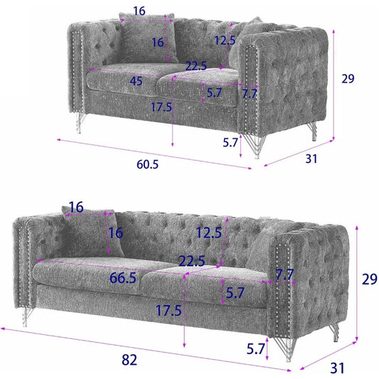 The Morsale 2-Piece Loveseat Sofa Set in gray features tufted design with studded arms and silver legs, exuding modern elegance. Made with durable wooden frames and chenille upholstery, they have measurements marked in purple: top is 60.5 inches wide, bottom is 82 inches wide.