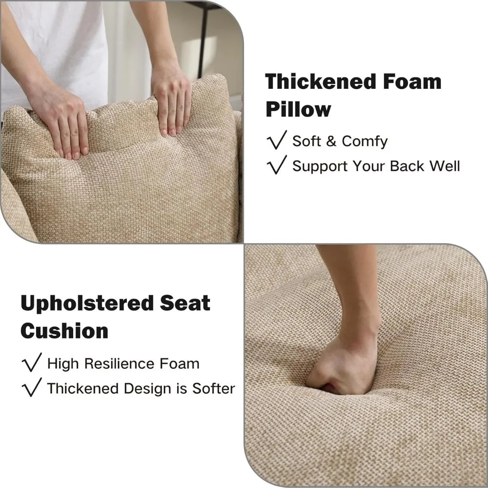 The Morsale 59.8" Oversized Accent Barrel Sofa Chair features a thickened foam pillow labeled "Soft & Comfy." Its upholstered seat cushion with "High Resilience Foam" and "Thickened Design is Softer" offers excellent back support, combining modern style with comfort for any living room chair.