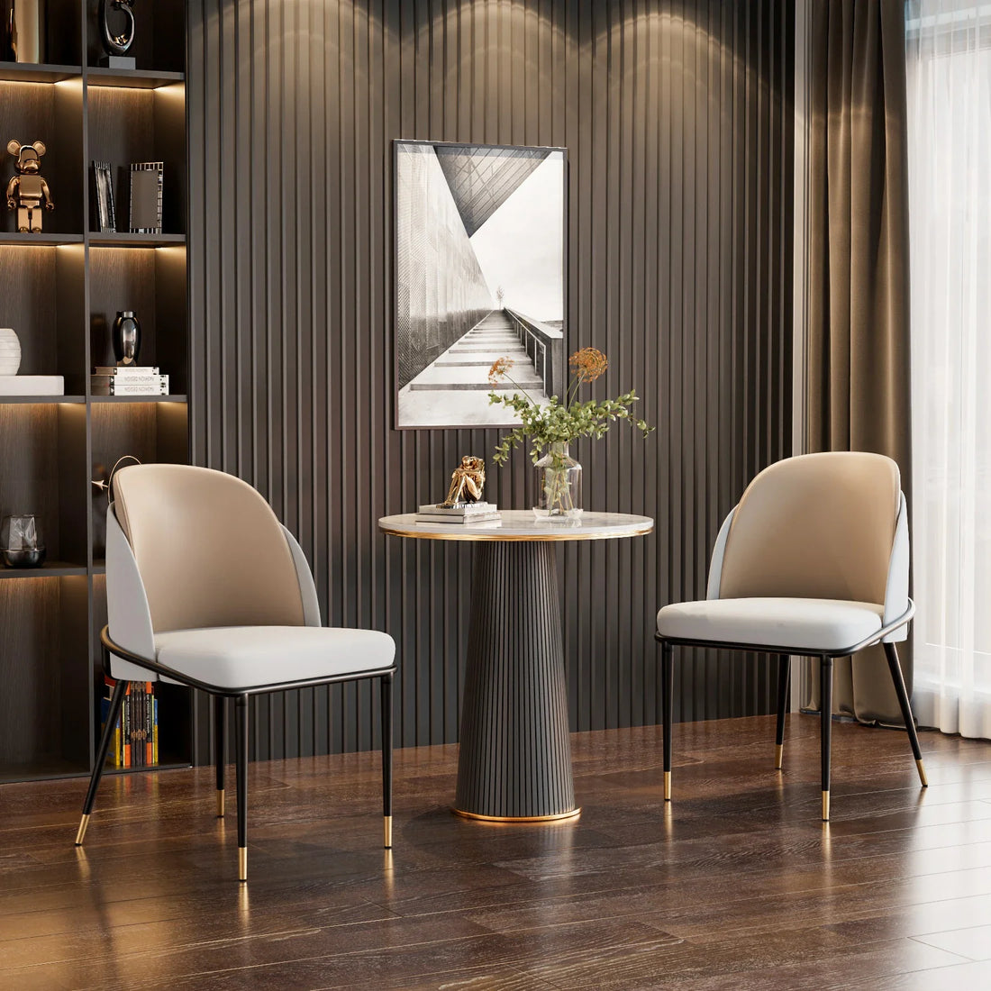 A modern dining room showcases a round table surrounded by Morsale's Vegan Leather Dining Chairs Set of 2 with brown and white upholstery. Shelves display decorative items and a blue sculpture, while the shiny floor reflects the room's elegant elements.