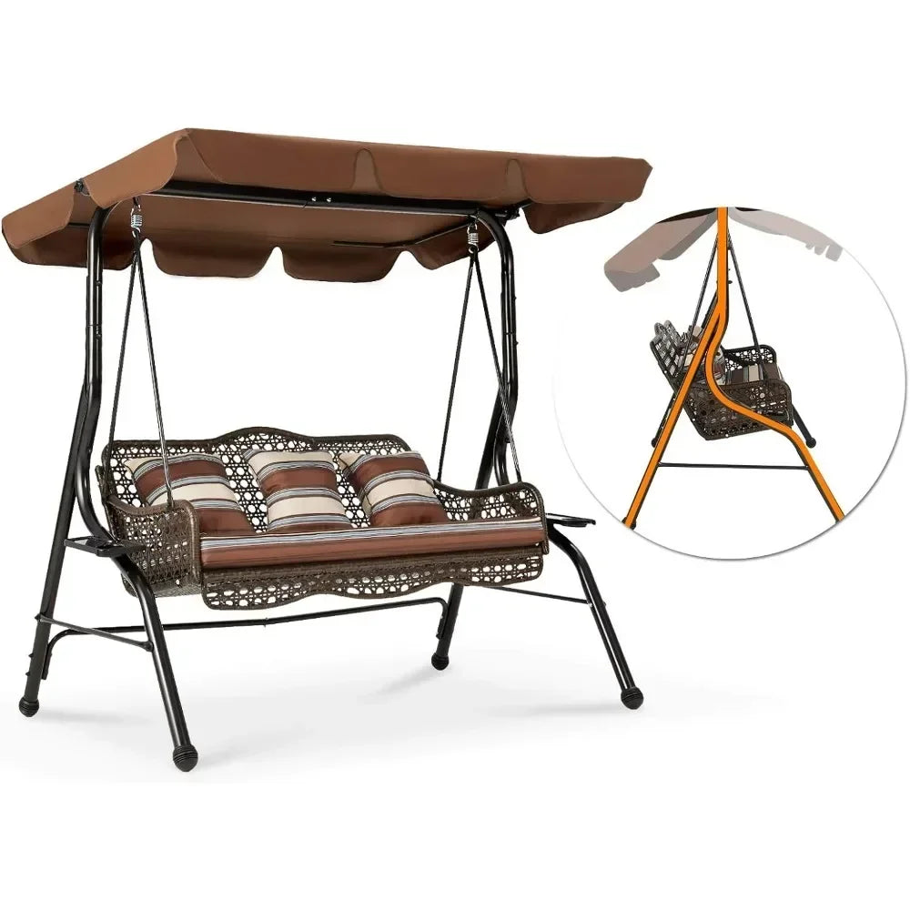 The Morsale Lewes 3-Seat Porch Swing Chair offers comfort and style with its brown rattan design and striped cushions. It features a canopy, showcasing a sturdy frame in an inset image that highlights its intricate structure and elegant design.
