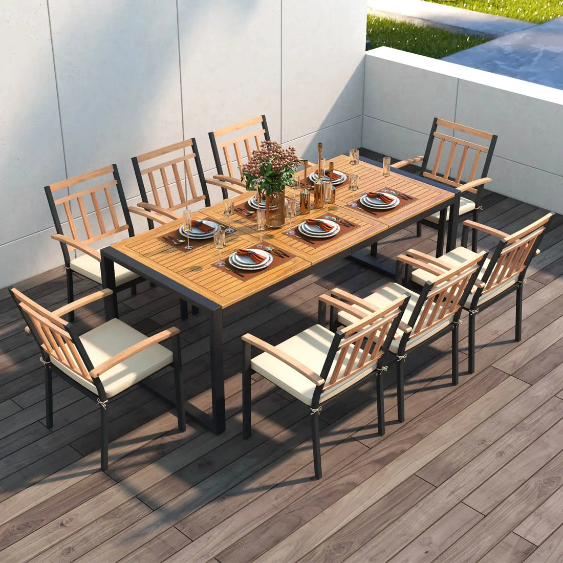 The Belford 9-Piece Patio Dining Set by Morsale includes a rectangular table and eight wooden chairs, elegantly arranged with plates, cutlery, wine glasses, and a floral centerpiece. Inspired by Mainland China designs, it offers effortless assembly for ideal patio use.