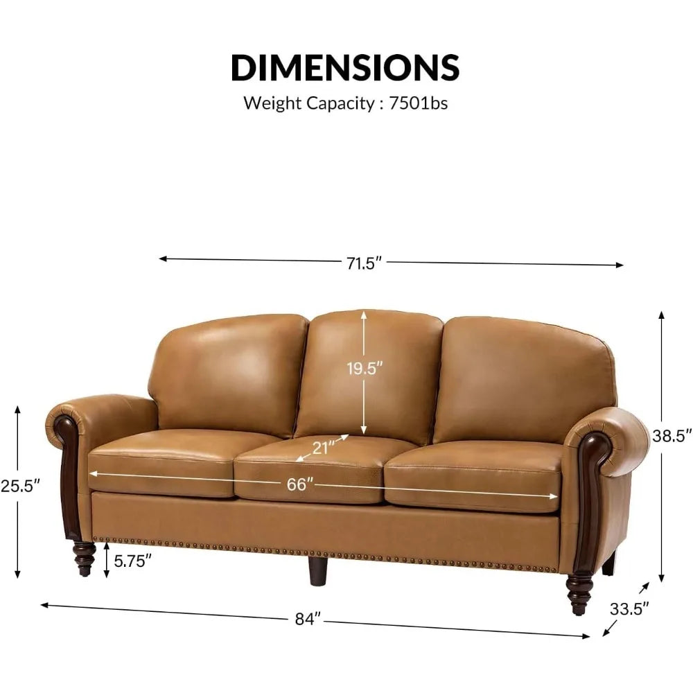 The Morsale Modi Genuine Leather Sofa, featuring rolled arms, nailhead trim, and wooden legs, is ideal for living room furniture. It supports 750 lbs with dimensions of 84"W x 33.5"H x 25.5"D and a seat size of 66"W x 21.5"D at a height of 19.5".