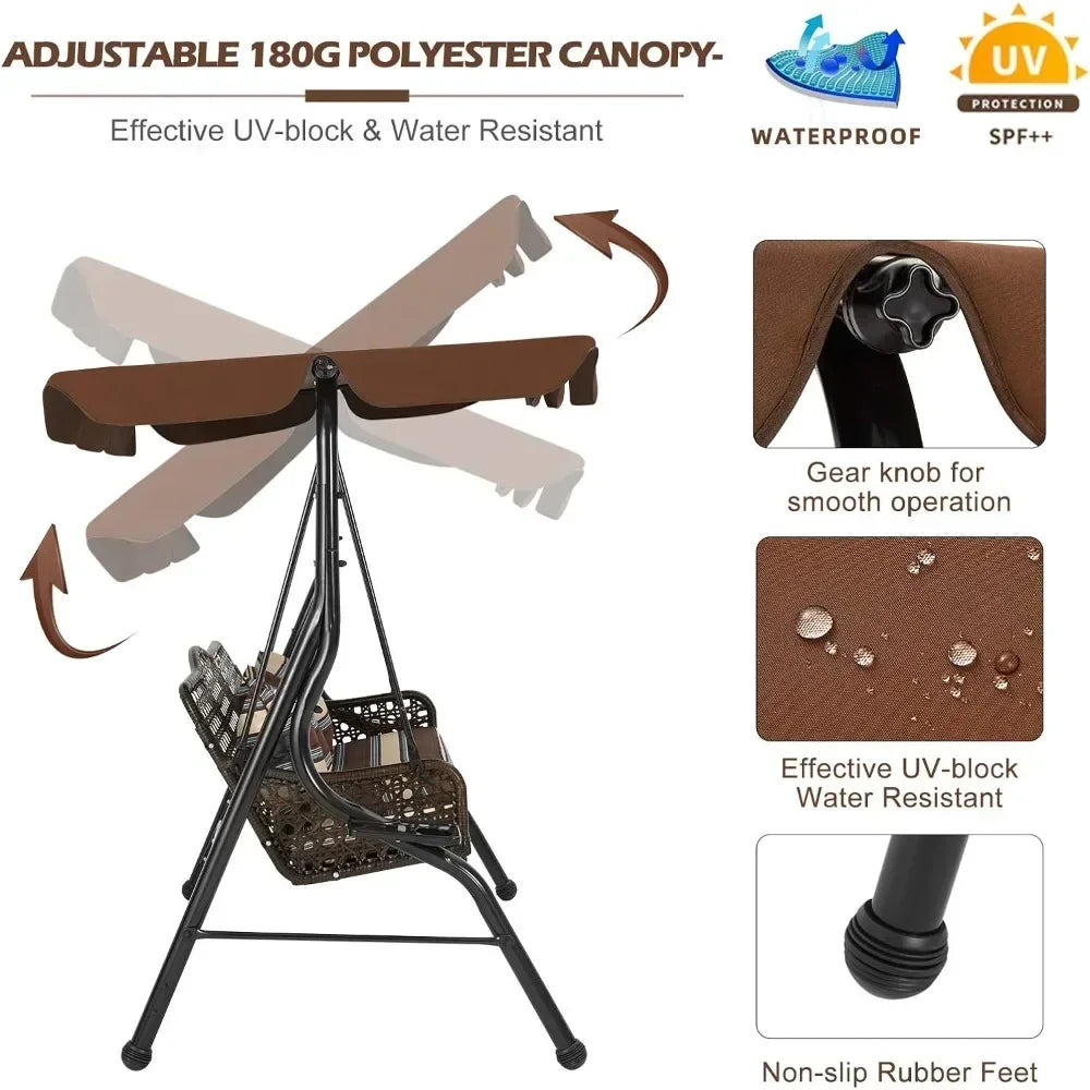 The Morsale Lewes 3-Seat Porch Swing Chair is an outdoor standout with a brown polyester canopy that adjusts easily. Made from UV-blocking, water-resistant material and featuring a smooth gear mechanism, it promises durability. Close-ups highlight the canopy texture and water droplets on this easily assembled set.