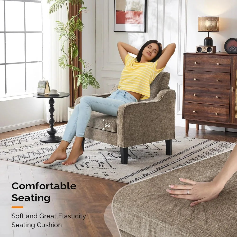 A woman in a yellow striped shirt and jeans relaxes on a Morsale beige upholstered Living Room Armchairs, Set of 2, in a cozy living room. The space features easy assembly, a round black side table, brown cabinet, large window, and framed art. Text reads: "Comfortable Seating.