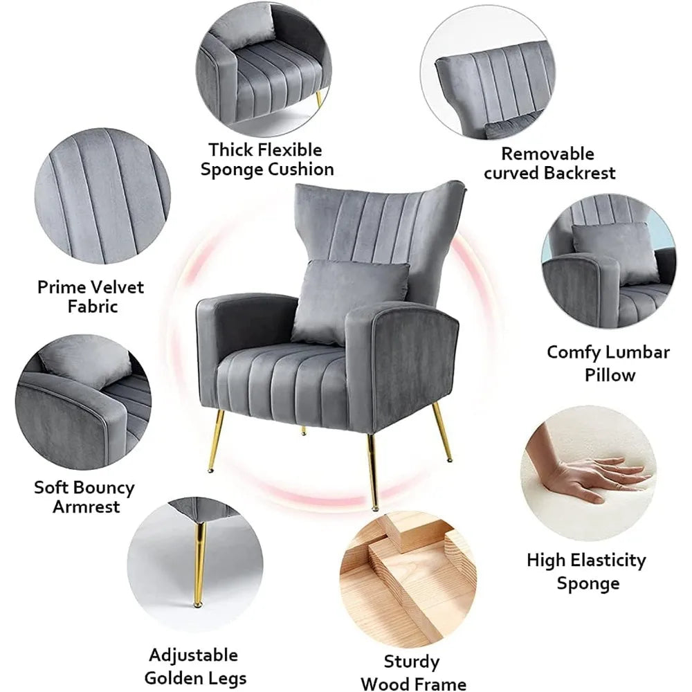 An image of Morsale's Modern Velvet Accent Chairs Set of 2 in gray, featuring gold legs, a thick flexible sponge cushion, removable curved backrest, prime velvet fabric, comfy lumbar pillow, soft bouncy armrest, sturdy wood frame, and high elasticity sponge—ideal for the living room.