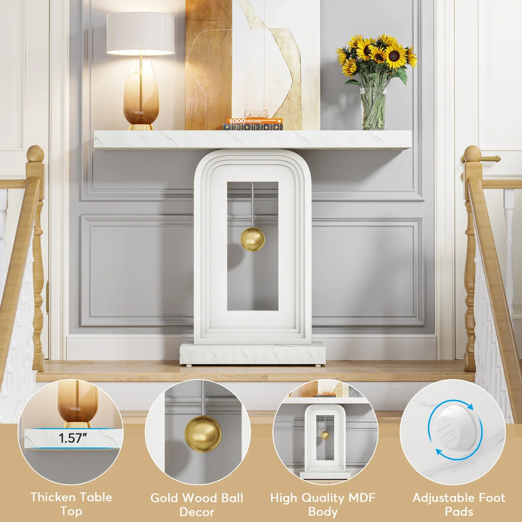 A modern hallway features the Westford Contemporary Entryway Table by Morsale. It has a thick white marble top, gold wood ball decor, and is crafted from MDF. Adorned with a gold lamp, decorative objects, and sunflowers, it includes adjustable foot pads for added functionality.