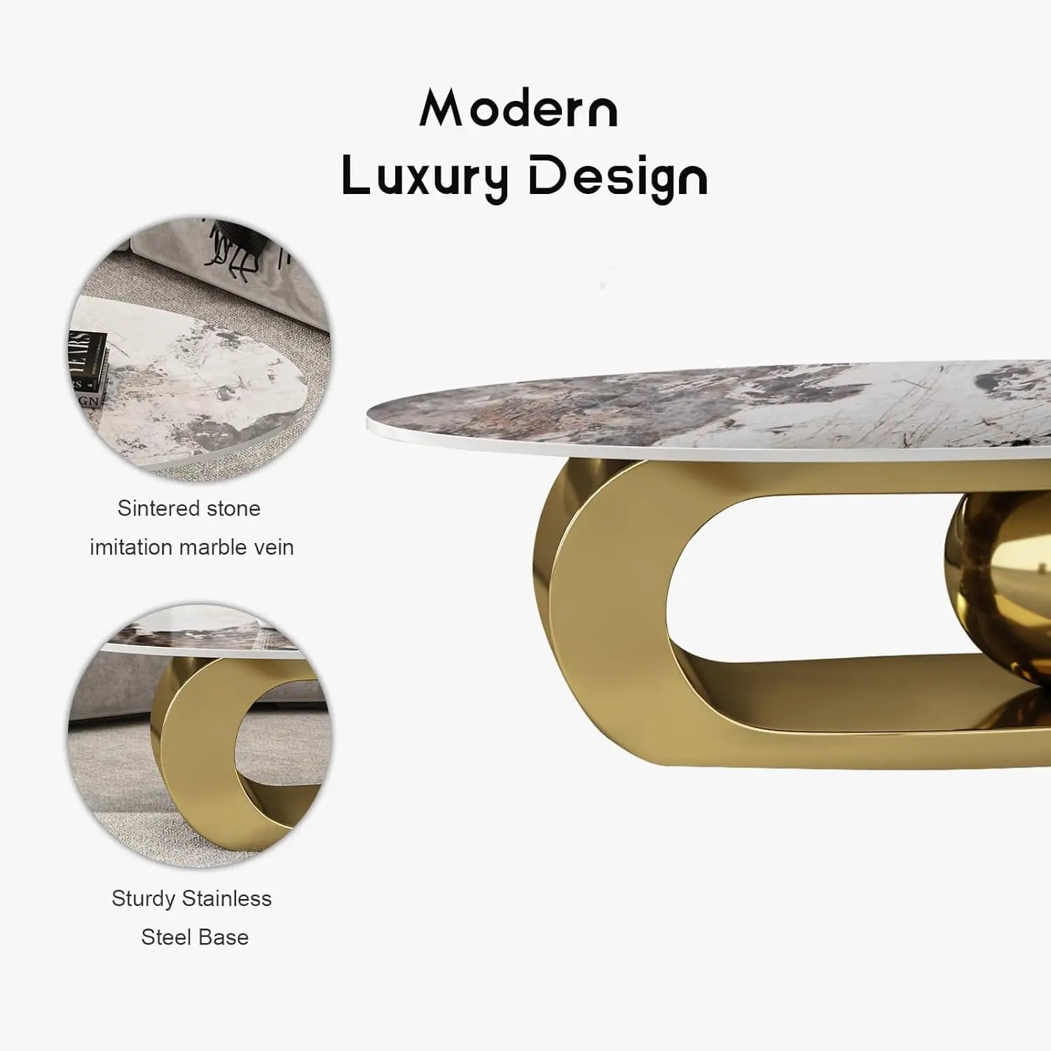 A promotional image of Morsale's Modern Coffee Table showcases its premium ceramic top with imitation marble veins and a durable stainless steel base. The sleek golden curves highlight a contemporary design aesthetic. Text reads "Modern Luxury Design.