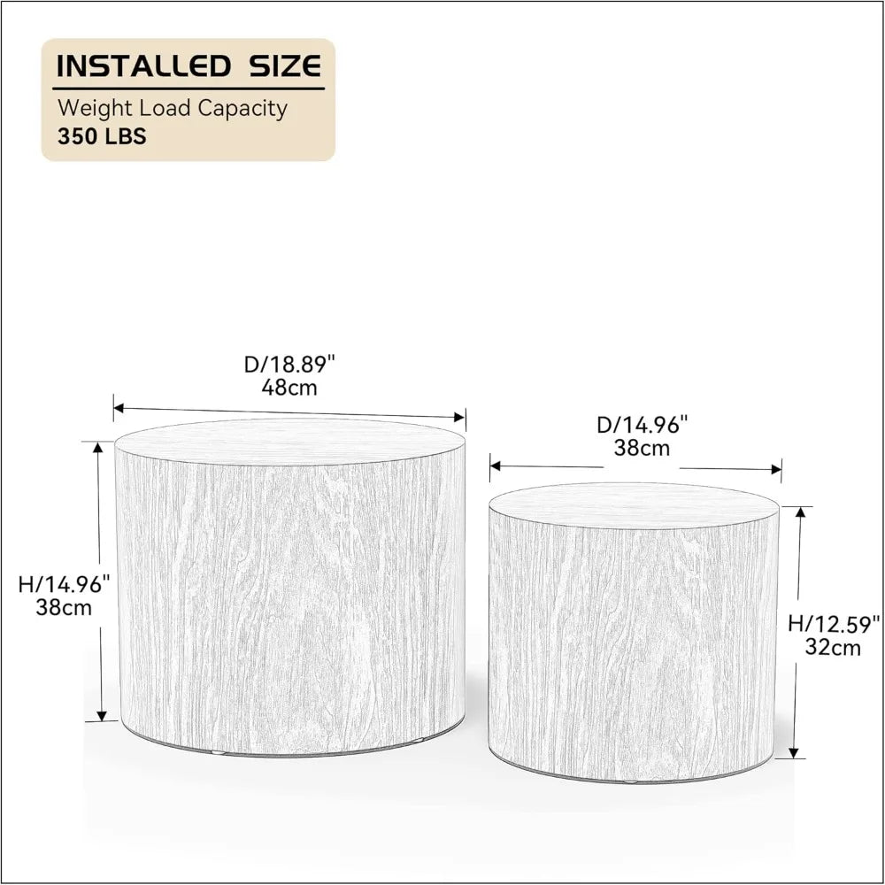 The Morsale Living Room Wood Coffee Tables set includes two cylindrical stools with faux wood texture. The larger stool measures 18.89" in diameter and 14.96" in height, while the smaller is 14.96" by 12.59", each supporting up to 350 lbs, perfect for complementing any living room furniture.