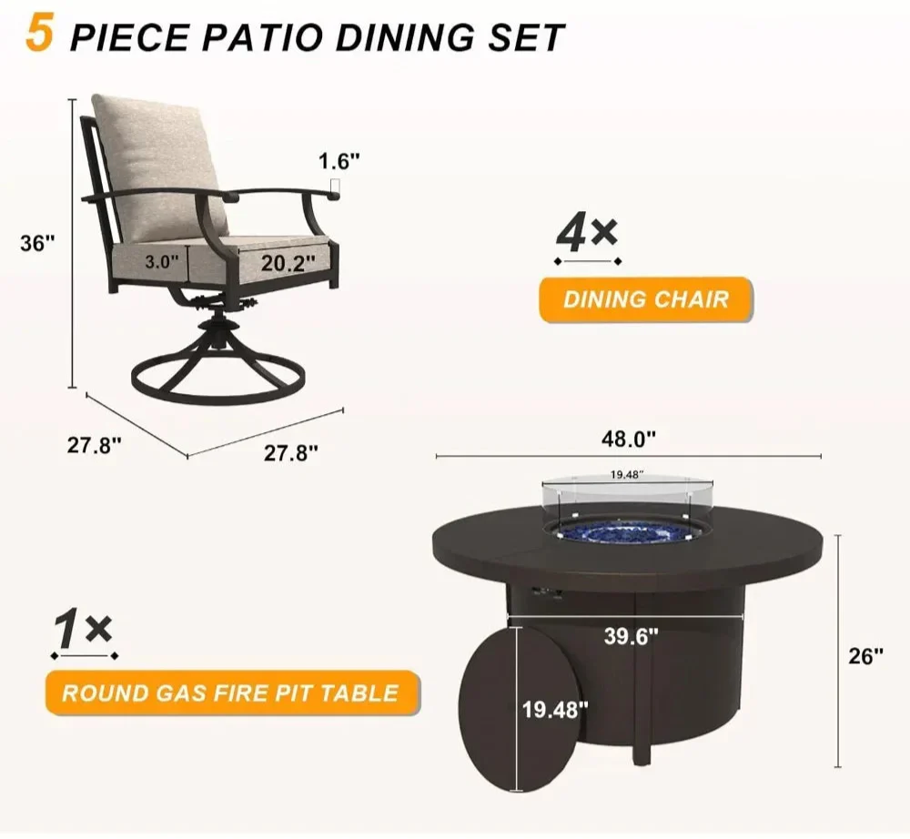 The Morsale Westhill 5-Piece Patio Furniture Set features elegant metal swivel chairs and a round fire pit table, creating a warm, inviting scene with cups and saucers on the cushioned seats, all enclosed by a wooden fence with lush greenery.