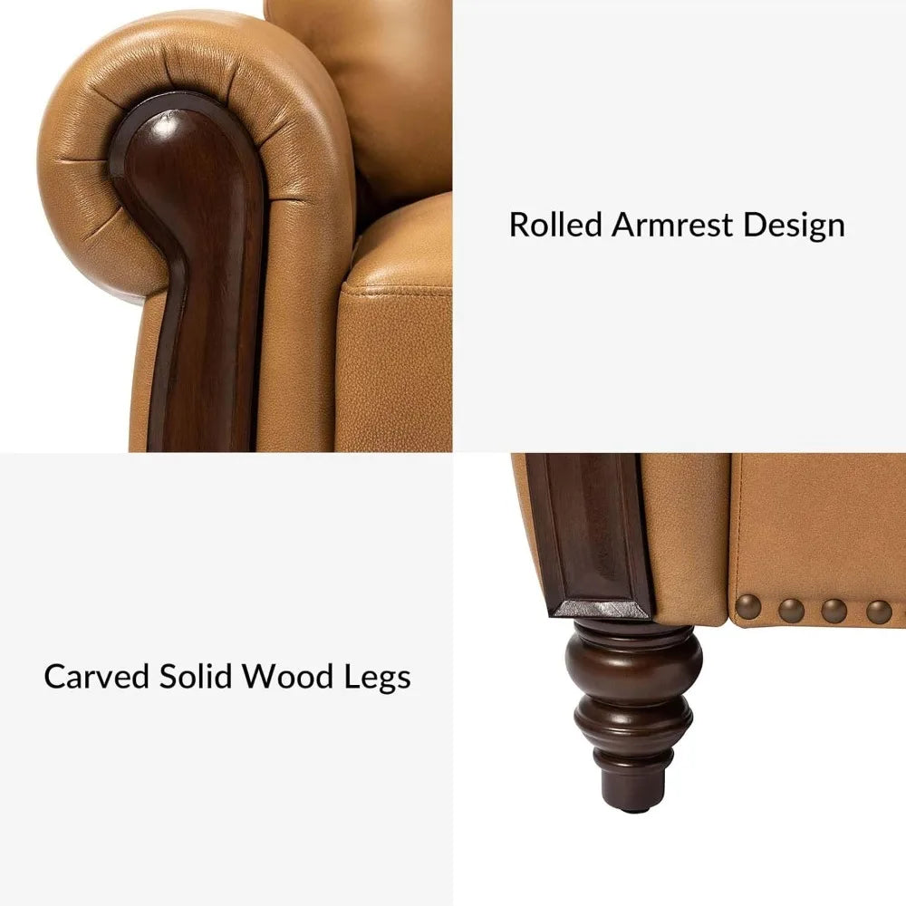 The Morsale Modi Genuine Leather Sofa 3-Seater Couch features elegant details with a modern style: rolled armrests in brown leather and wood trim, solid carved wood legs, and decorative nailhead trim. Ideal for enhancing your living room furniture ensemble.