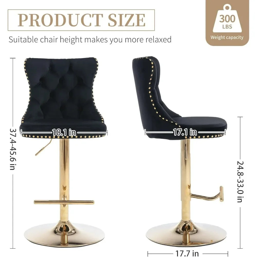 The Morsale Counter Height Swivel Bar Stools Set of 2 features black velvet seats with gold stud detailing, a gold metal base and footrest, adjustable height from 37.4 to 45.6 inches, a weight capacity of 300 lbs, and requires simple assembly.