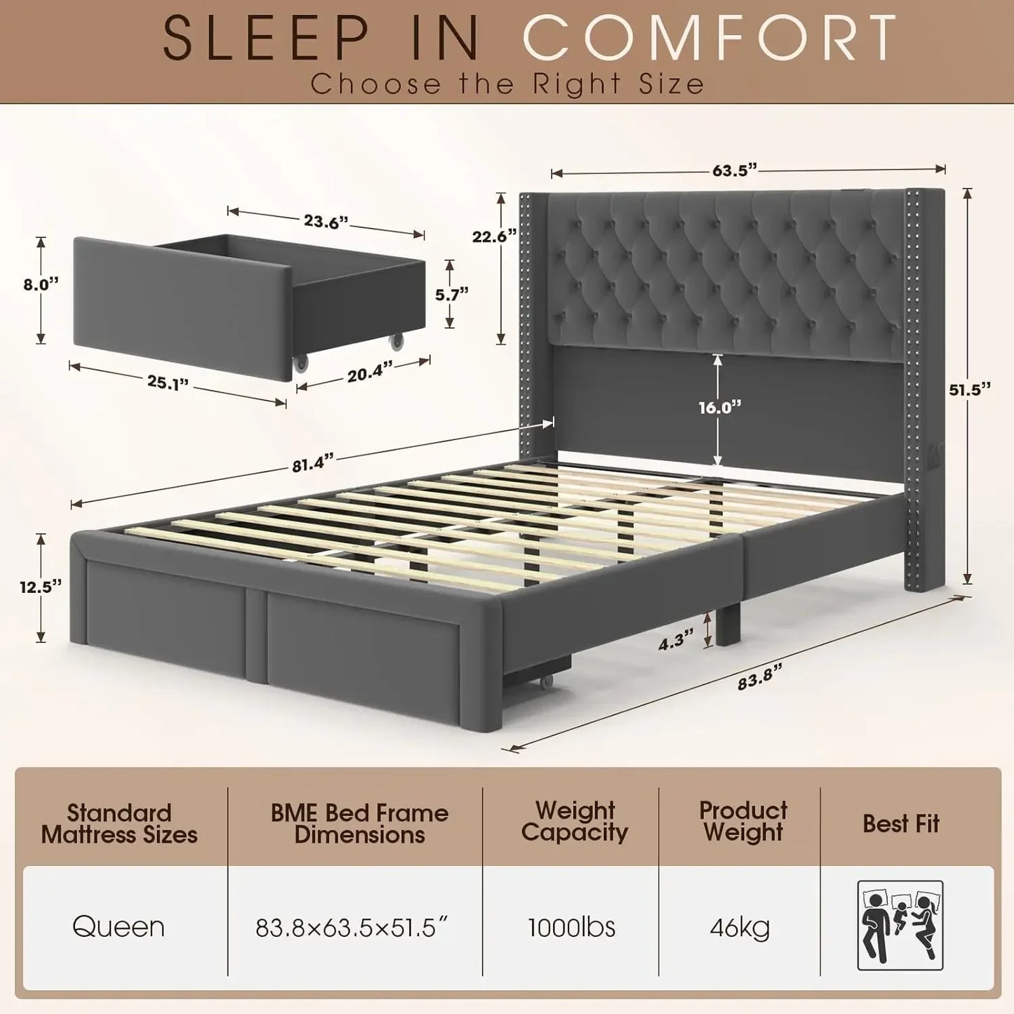 The Gio Velvet Queen Bed by Morsale measures 83.8x63.5x51.5 inches, featuring a tufted headboard, velvet upholstery, and two storage drawers. It supports up to 1000 lbs and weighs 46 kg. Text reads "Sleep in Comfort: Choose the Right Size.