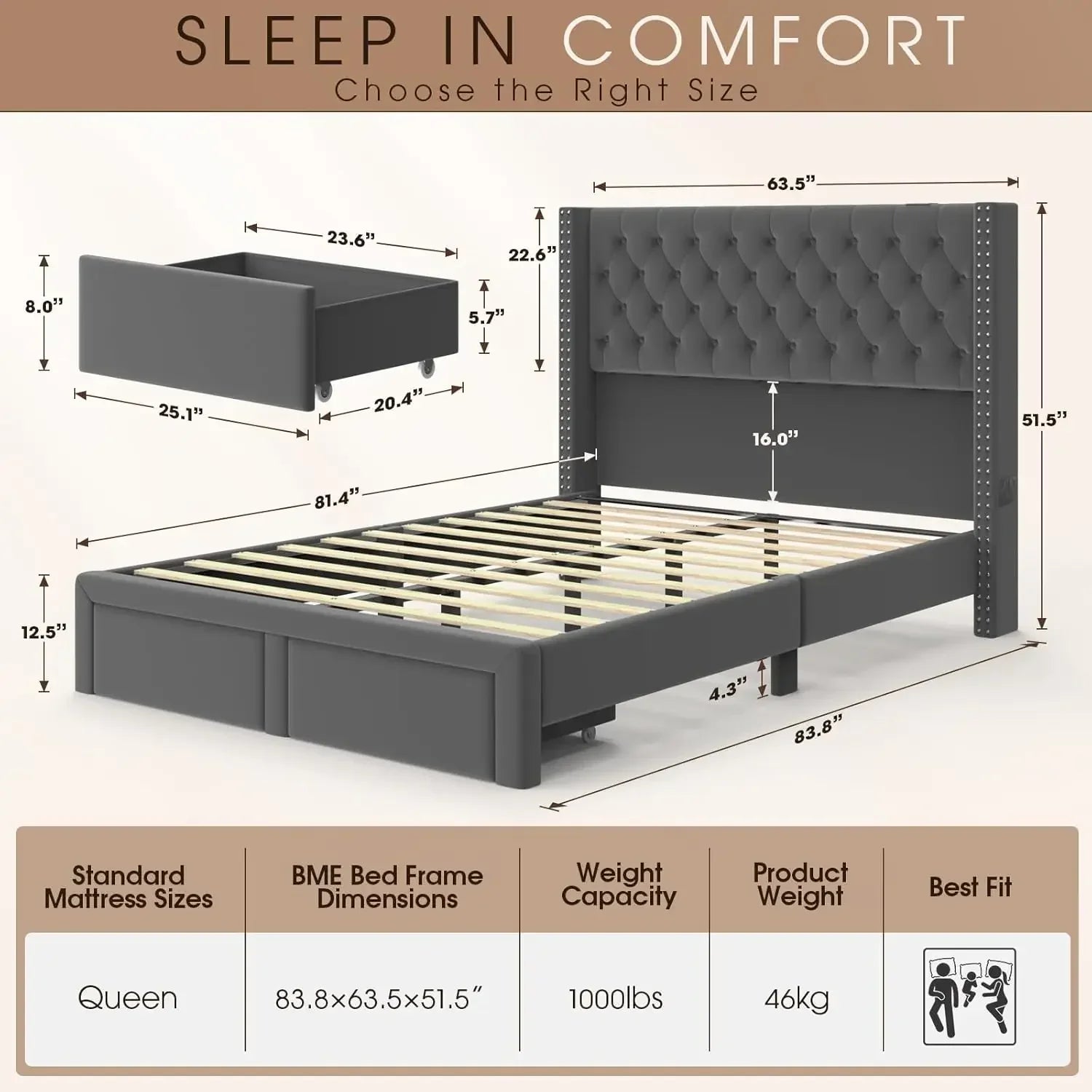 The Gio Velvet Queen Bed by Morsale measures 83.8x63.5x51.5 inches, featuring a tufted headboard, velvet upholstery, and two storage drawers. It supports up to 1000 lbs and weighs 46 kg. Text reads "Sleep in Comfort: Choose the Right Size.