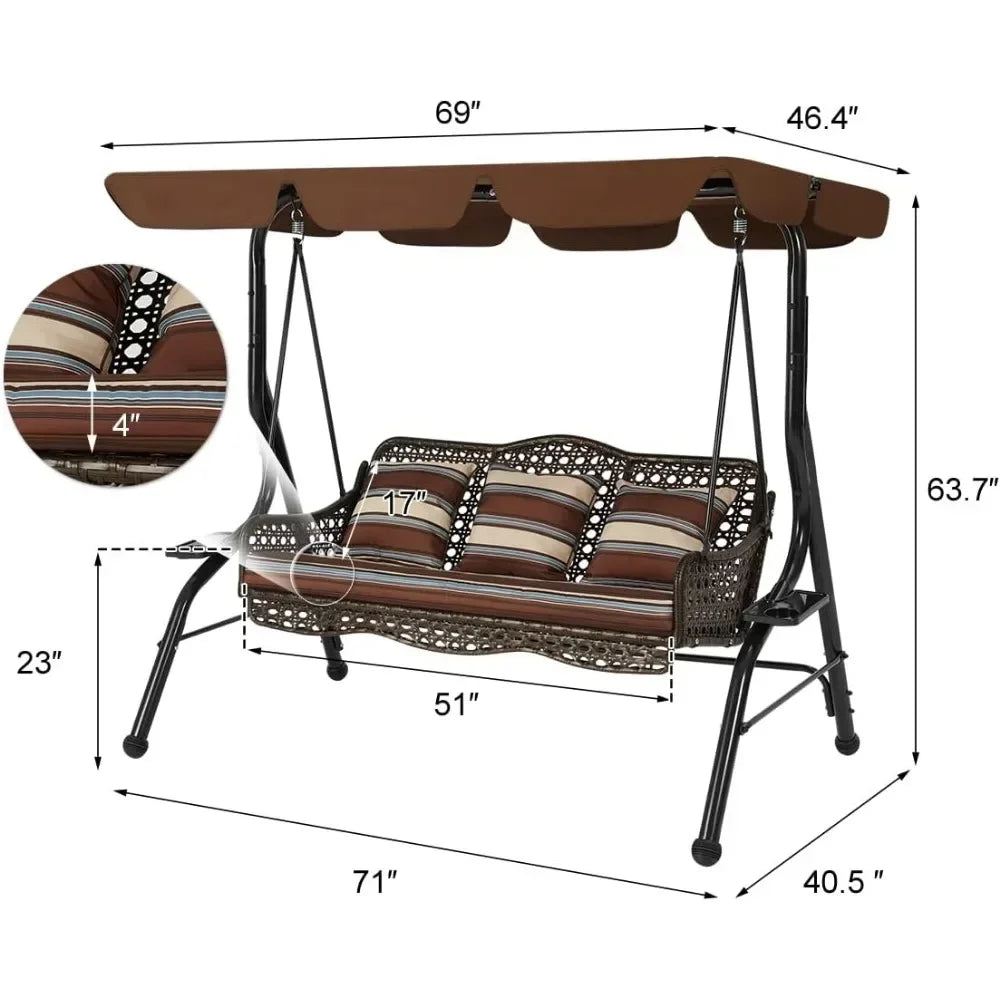 The Morsale Lewes 3-Seat Porch Swing Chair in brown has a patterned backrest, striped cushions, and a canopy. It's 69" wide at the canopy, 71" wide at the seat, 46.4" deep, and 63.7" tall with easy assembly and plush 4" thick cushions featuring an inset circle design.