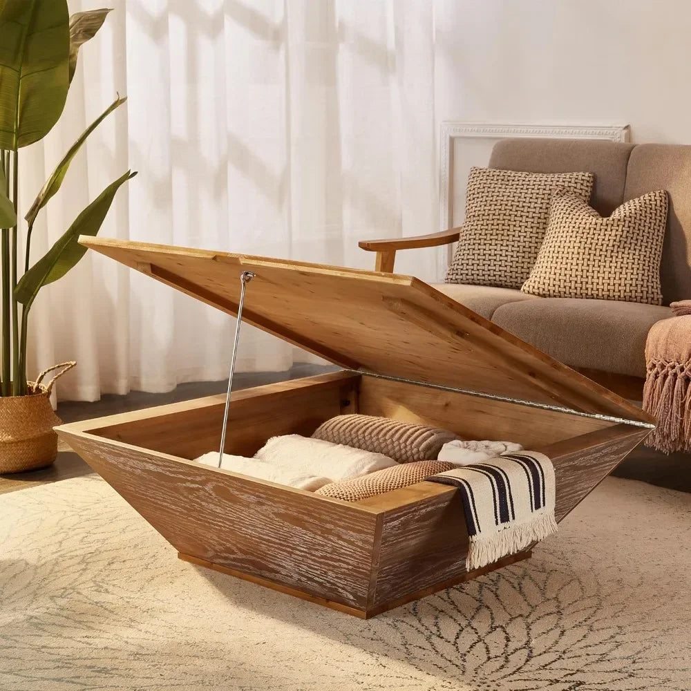 The Morsale Lift Top Farmhouse Coffee Table boasts a modern minimalist design with a hinged lid for storage. Its geometric style enhances the couch with textured pillows, as light through sheer curtains adds warmth to the farmhouse-inspired room.